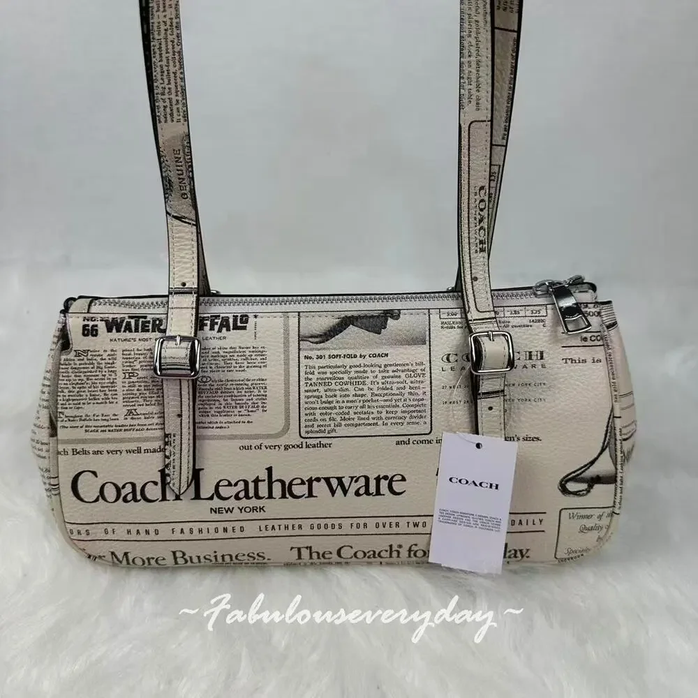 Coach Asher Shoulder Bag with Newspaper Print In Leather/Chalk Multi CDC11 NWT